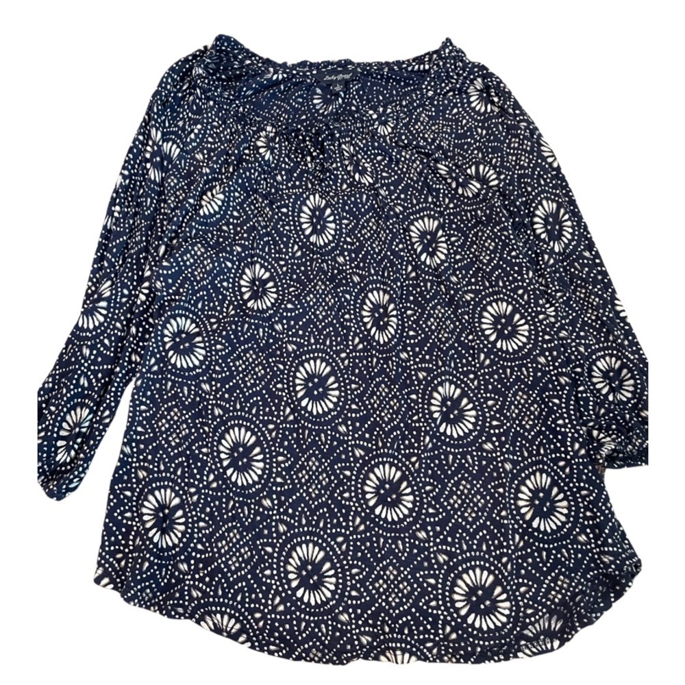 Lucky Brand navy and white floral blouse, a gathered neckline and tie. Very cute